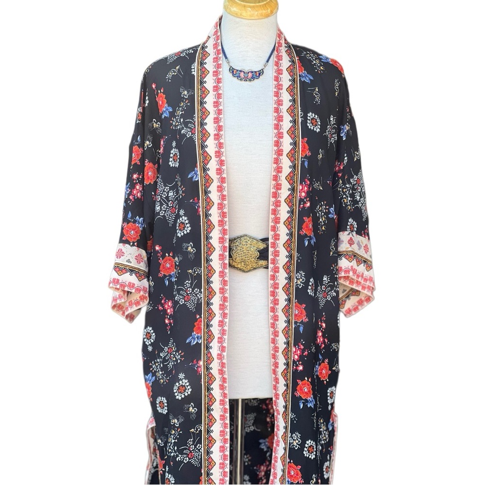 Max Studio black floral long kimono duster/jacket|XS - Picture 4 of 8